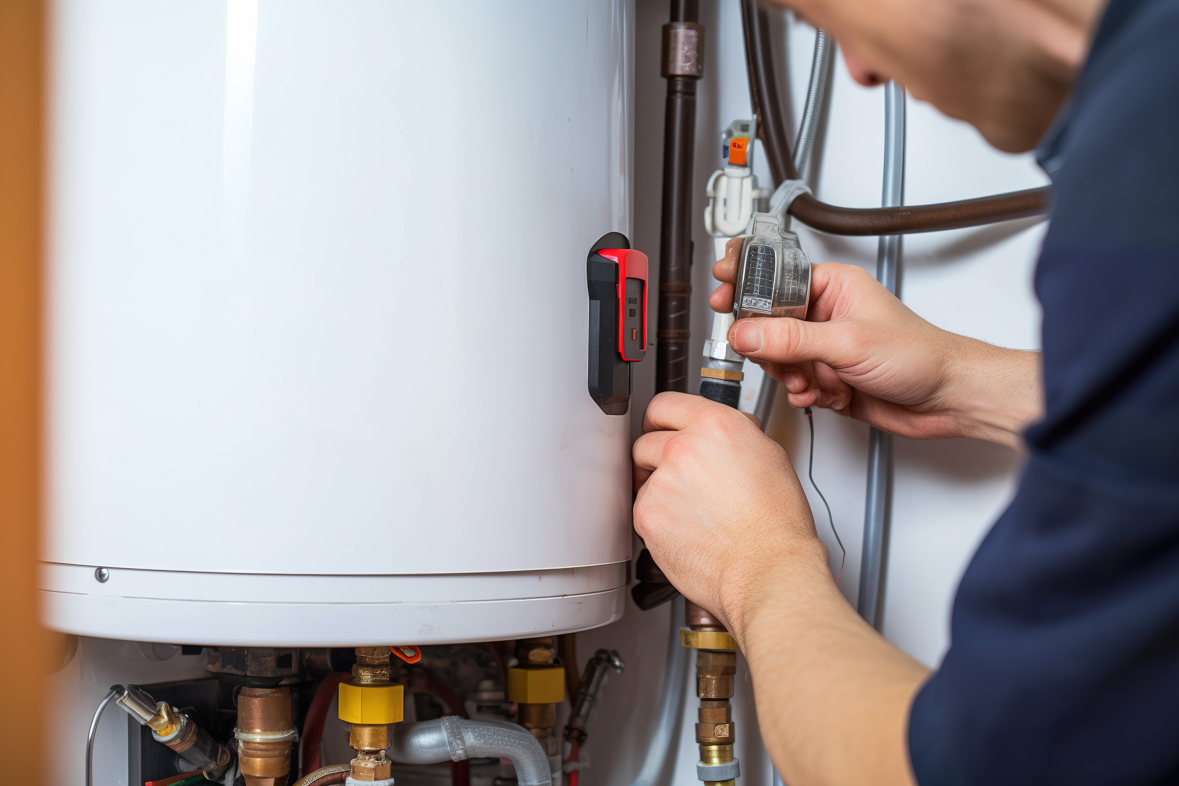 Plumber installing a residential water heater