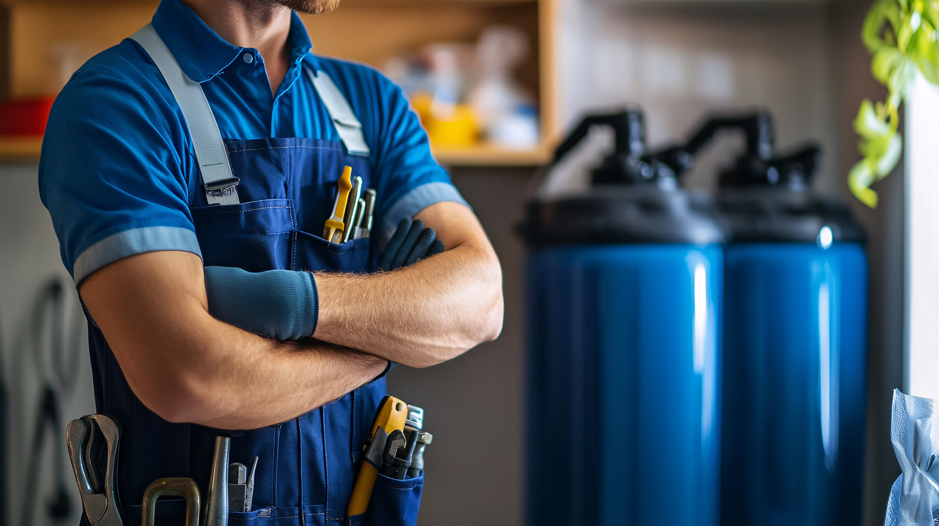 A plumber stands with arms crossed at his belt of tools